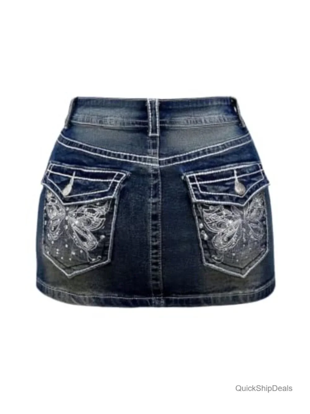 Low Rise Bodycon Mini Denim Jean Skirt Y2K Rhinestone Cross Embroidery